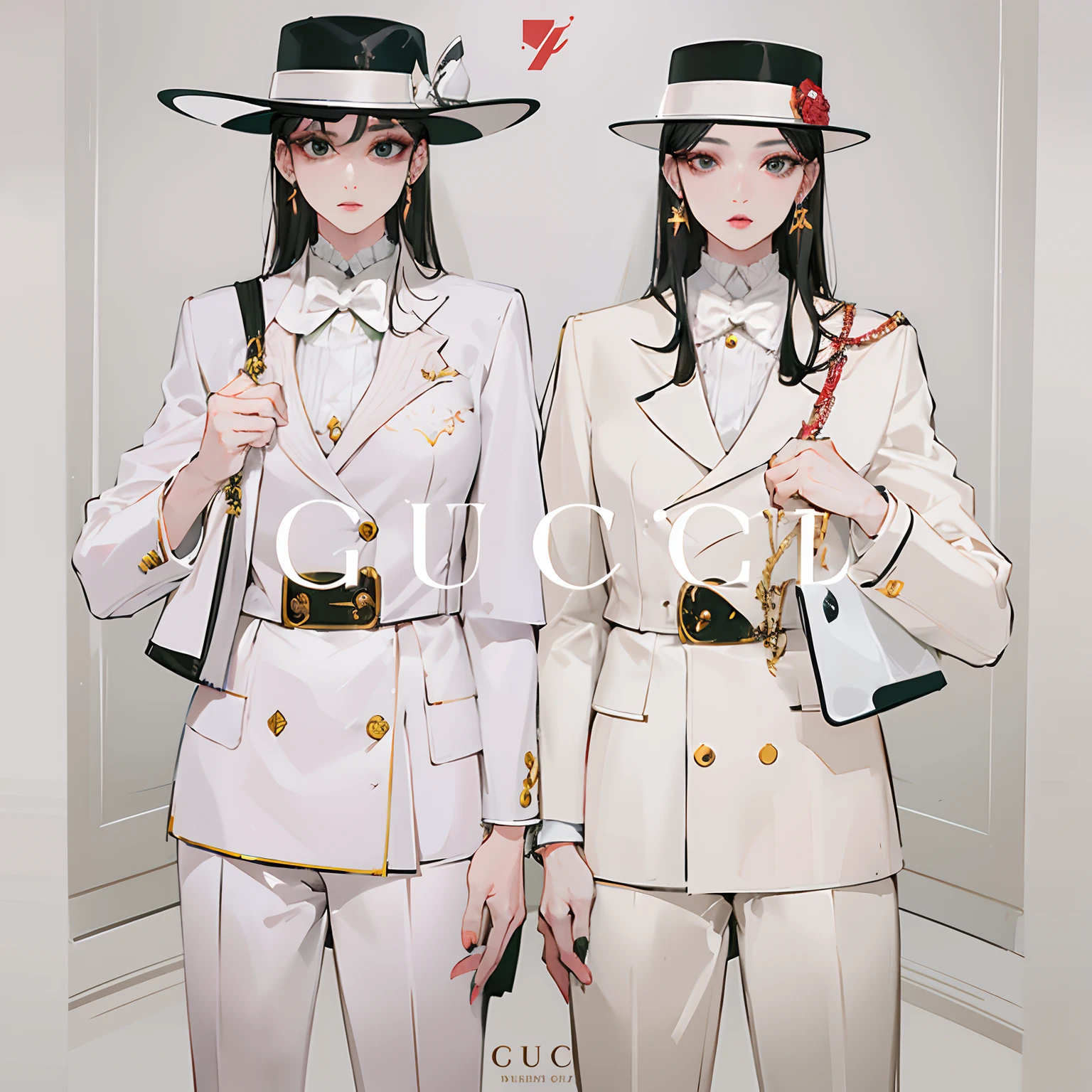 Two women in white suits and hats stand next to each other, gucci clothes, Gucci Mars, Gucci, Gucci Poster, Gucci Catwalk, Goddess of Gucci, lookbook, advertisement picture, Luxury Fashion, Inspired by Wang Duo, intricate abstract. gucci style, 💣 💥💣 💥, Official, white suit and hat, luxury brand, Lisa, Fashion, best selling