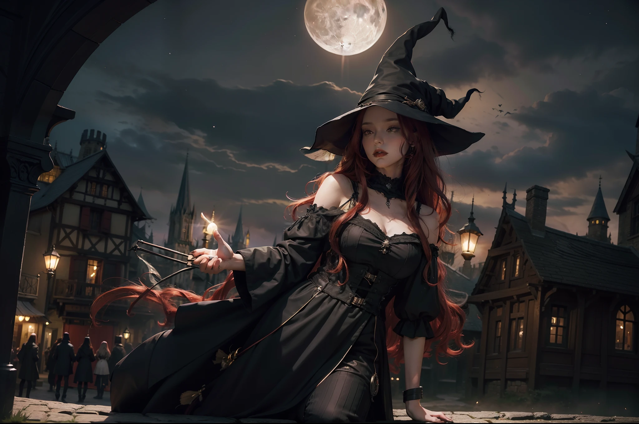 A witch flying high on a broom. She wears a ponty hat, multilayered dress in dark colors, wavy messy red hair, gothic make-up. Full Moon night, medieval town as background. Illuminated by moonlight and lamps in the town.