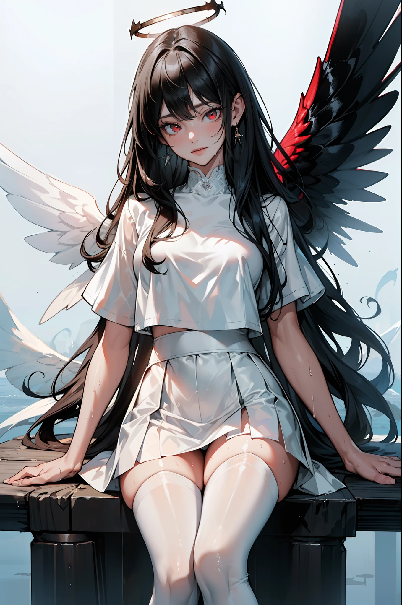 ((sfw)),(masterpiece, best quality),((high resolution 4k)), 1lady, solo, (white Scales, body cover with scales), halo, wings,fallen angel, black hair, loose waves, red eyes,wet white sheer t shirt,short sleeve,wet white skirt,white stockings,white thigh highs,standing