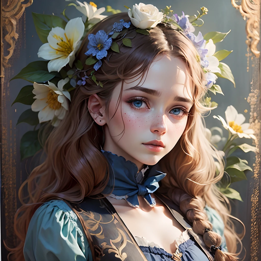 anime,a painting of a woman with flowers in her hair and a blue dress on her head and a blue scarf on her shoulders, beatrice ethel lithiby, pre - raphaelite, a painting, pre-raphaelitism,hair ornament, upper body,artist name, mole,watermark, traditional media, blue ribbon, realistic,solo,1girl, freckles,blue eyes, hair flower, curly hair,hair ornament --auto --s2