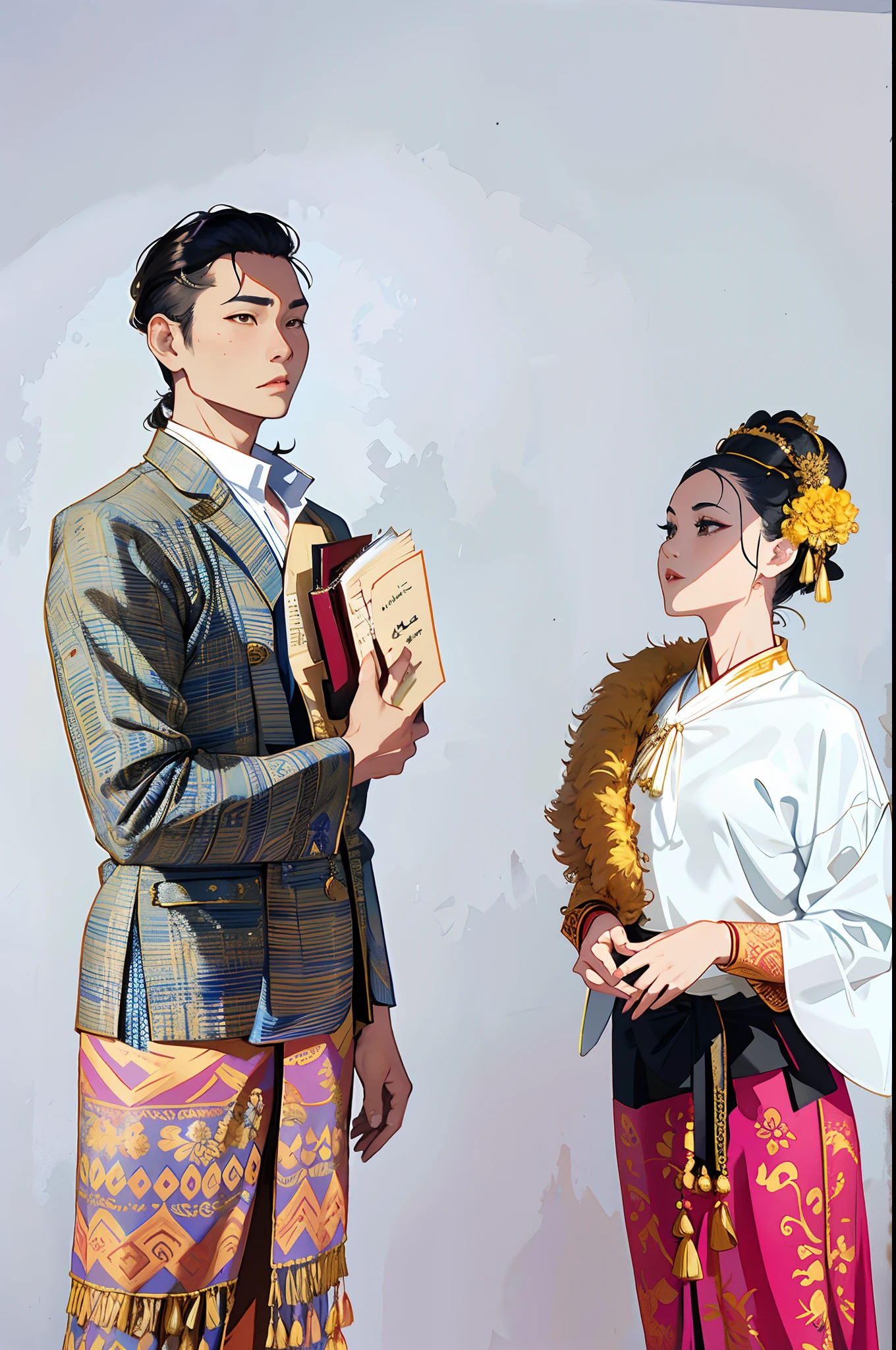 there are two people standing next to each other in costume, sukhothai costume, in style of thawan duchanee, traditional clothes, traditional clothing, wearing authentic attire, wearing traditional garb, catalog photo, traditional costume, jordan grimmer and natasha tan, backdrop, traditional dress, tyler edlin and natasha tan, photoshoot, promotional shot, traditional tai costume