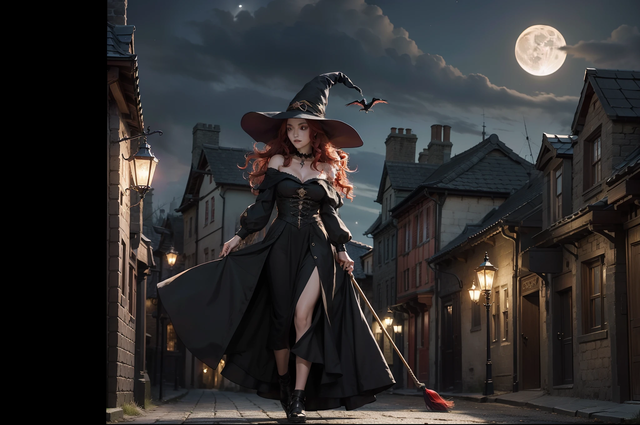 A witch flying over a Medieval town in a broom. She wears a ponty hat, multilayered dress in dark colors, wavy messy red hair, gothic make-up. Full Moon night, medieval town as background. Illuminated by moonlight and lamps in the town.