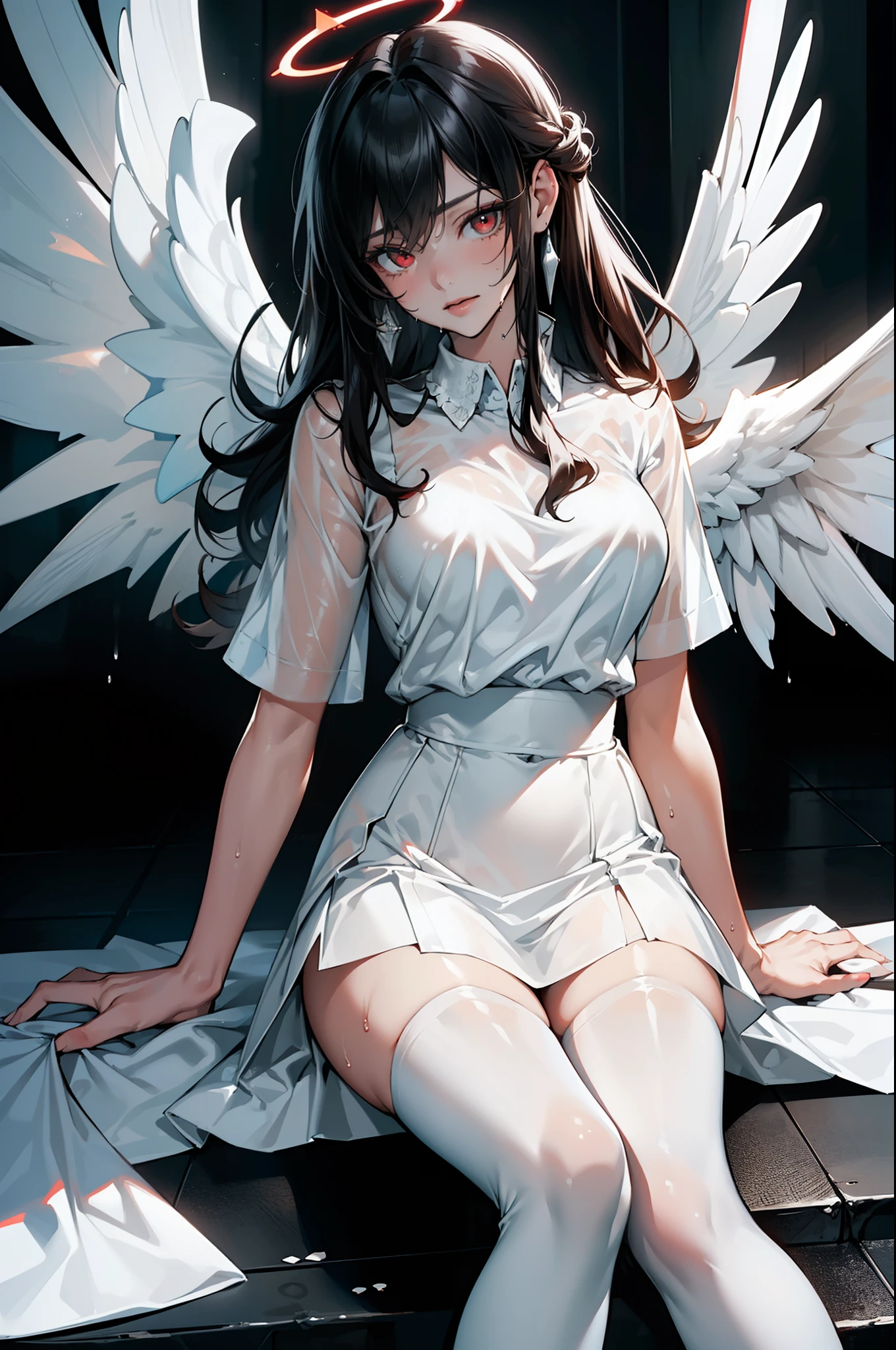 ((sfw)),(masterpiece, best quality),((high resolution 4k)), 1lady, solo, (white Scales, body cover with scales), halo, wings,fallen angel, black hair, loose waves, red eyes,wet white sheer t shirt,short sleeve,wet white skirt,white stockings,white thigh highs,standing