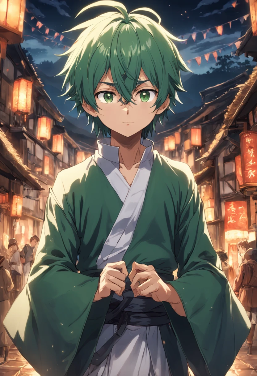 Anime,2d, cabelo verde, Adulto, 20 anos, roupas brancas, comerciante, fazendeiro, medieval , sorrindo, homem, melhor qualidade, obra prima, 8k, 32k, fundo vilarejo