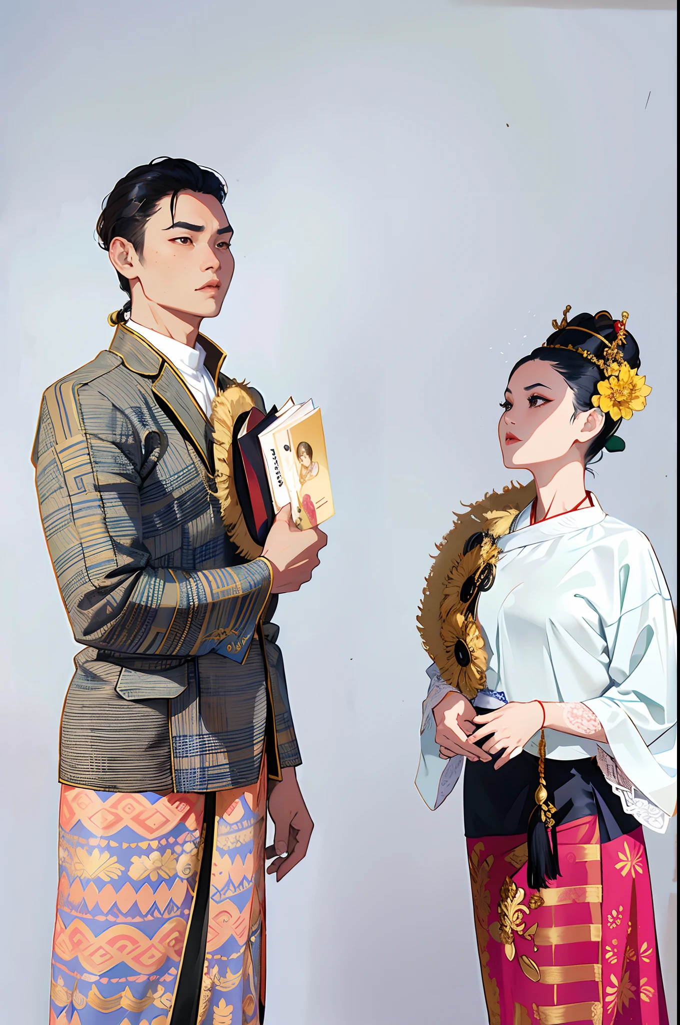there are two people standing next to each other in costume, sukhothai costume, in style of thawan duchanee, traditional clothes, traditional clothing, wearing authentic attire, wearing traditional garb, catalog photo, traditional costume, jordan grimmer and natasha tan, backdrop, traditional dress, tyler edlin and natasha tan, photoshoot, promotional shot, traditional tai costume