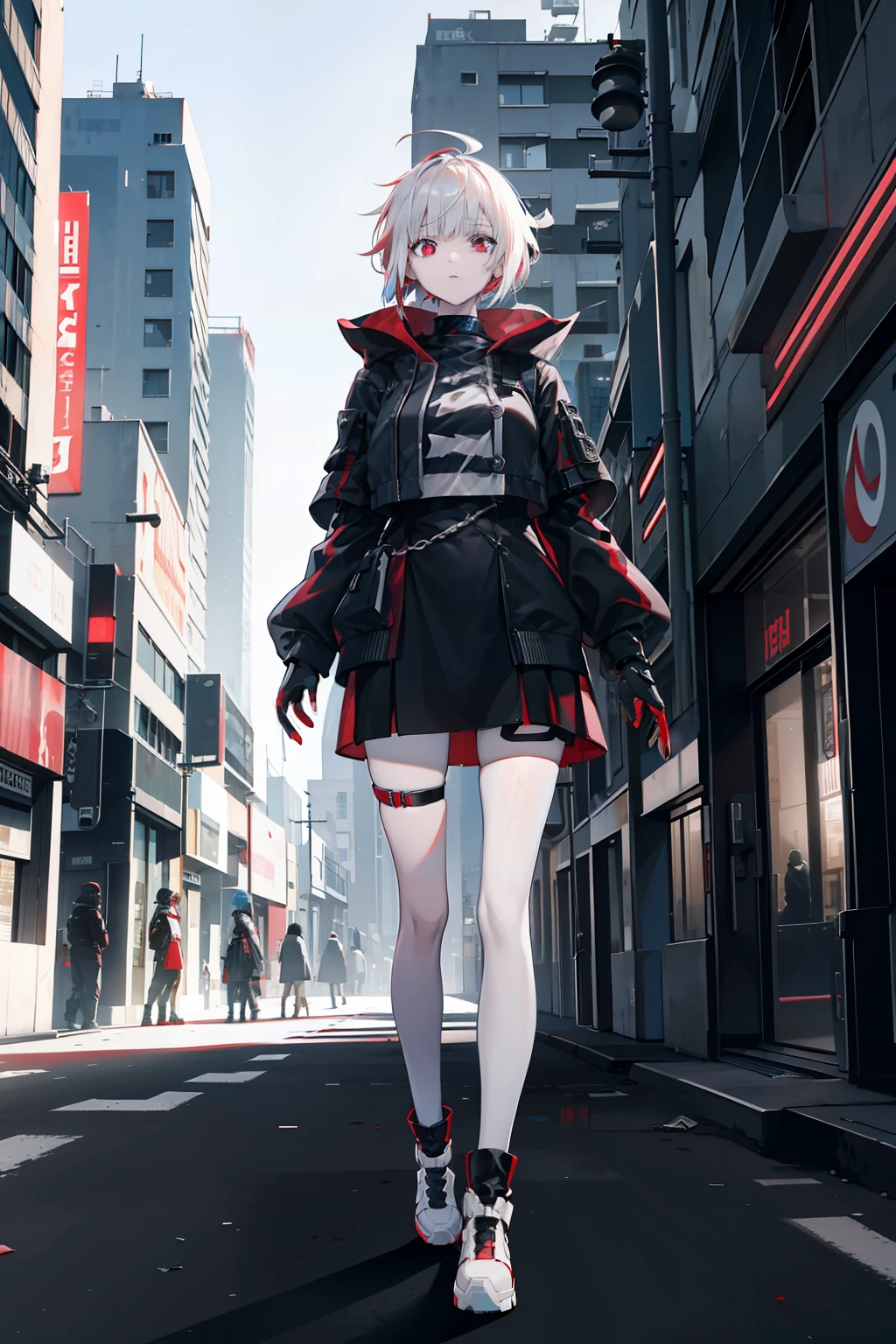 White ball head,red color eyes,The clothes are more cyberpunk,femele,Adults,Stand in the middle of a deserted city,The atmosphere is oppressive,4K high image quality,Whole body diagram