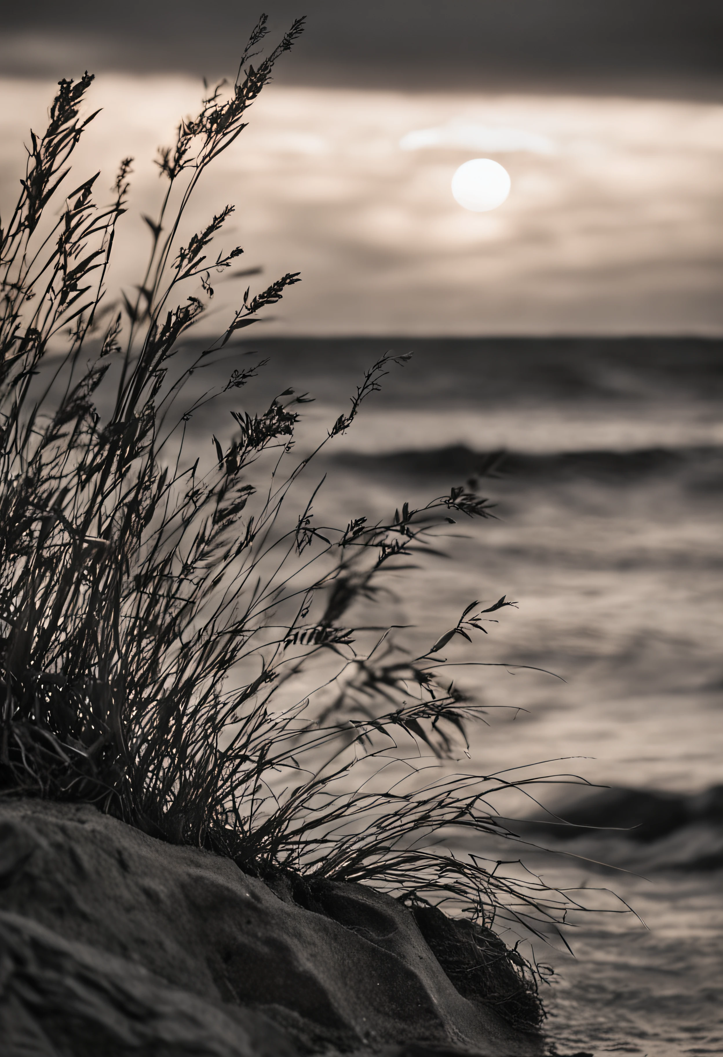Fotografia en blanco y negro, playa solitaria, Close-up with herbs bathed in sunset light. fondo de un mar en calma, horizonte con el sol cayendo por el lado derecho de la imagen, objetivo 35 mm