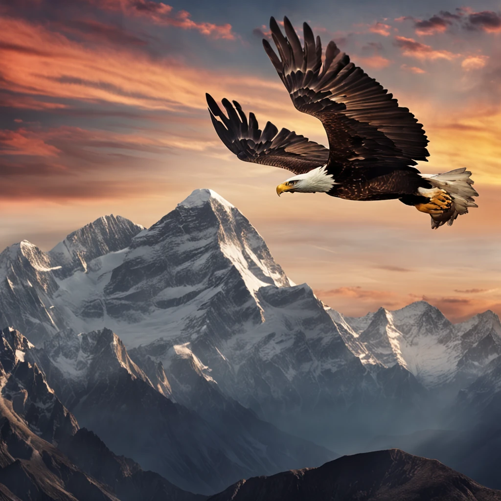 (((Create a masterpiece of a big eagle))) gracefully soaring in the sky, (((with majestic wings in motion))), against the breathtaking backdrop of the horizon, emerging from the peak of Everest.
