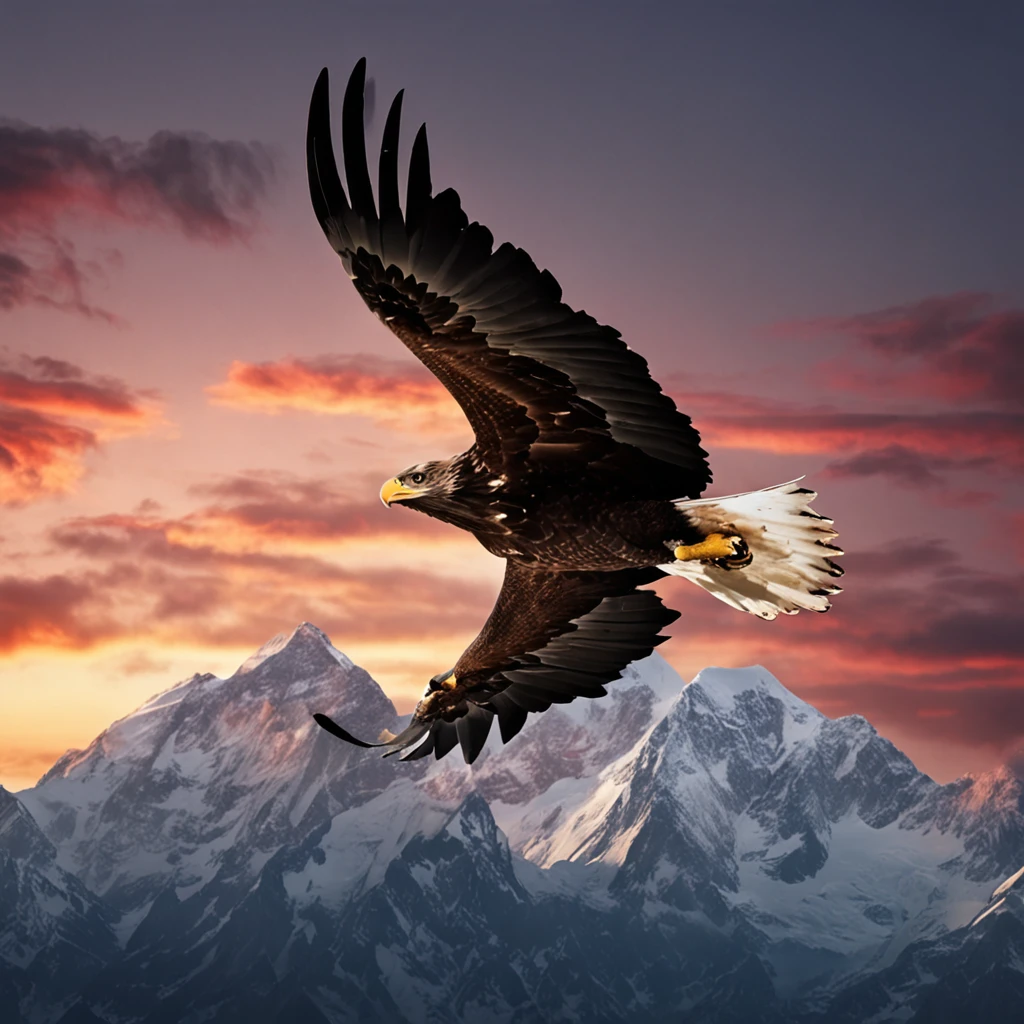 (((Create a masterpiece of a big eagle))) gracefully soaring in the sky, (((with majestic wings in motion))), against the breathtaking backdrop of the horizon, emerging from the peak of Everest.