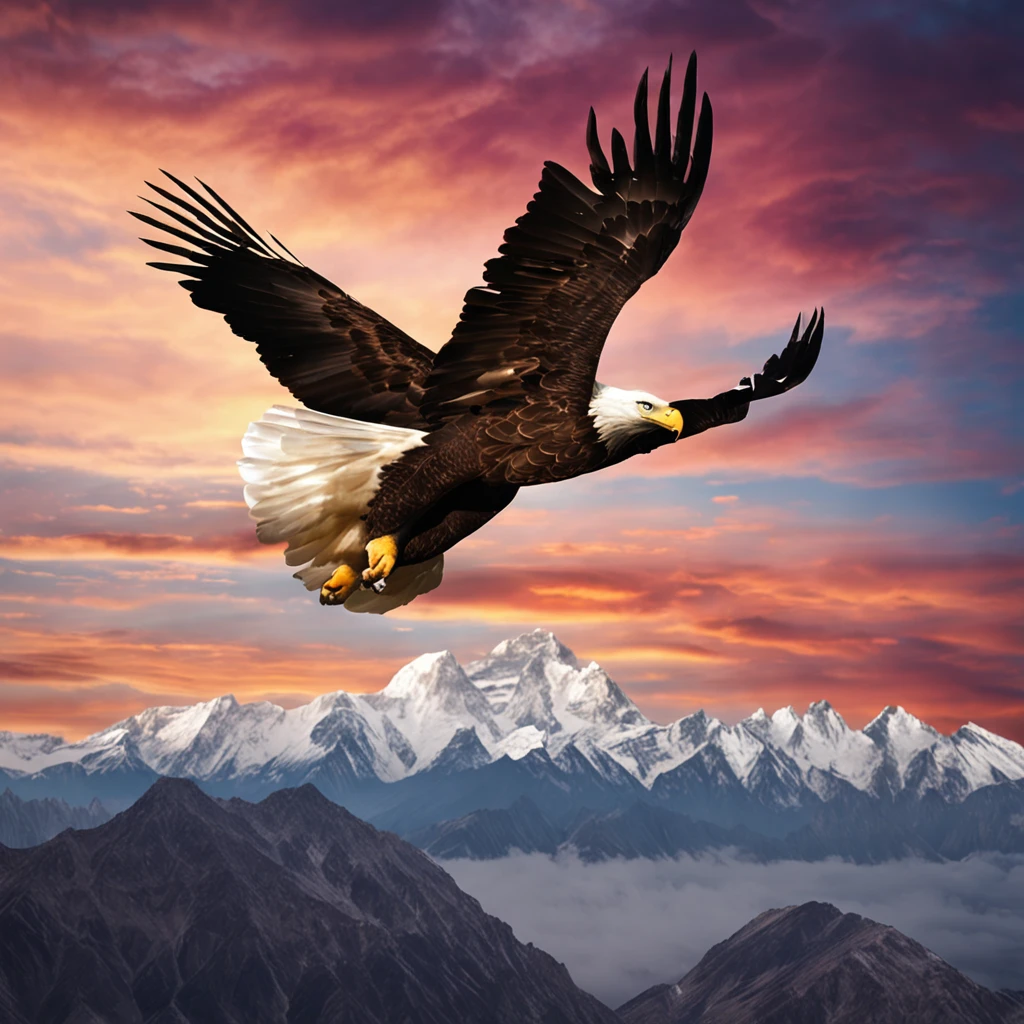 (((Create a masterpiece of a big eagle))) gracefully soaring in the sky, (((with majestic wings in motion))), against the breathtaking backdrop of the horizon, emerging from the peak of Everest.