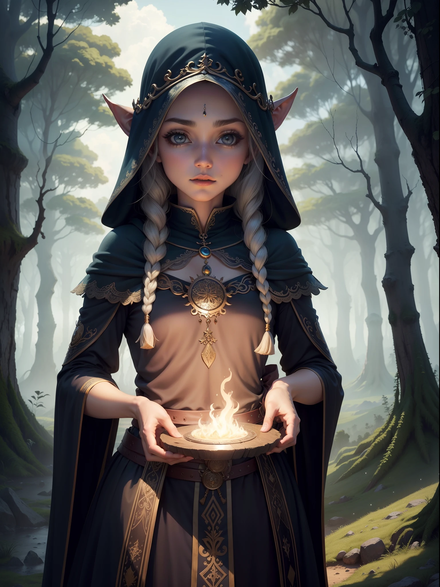 Elfo, trevas, magia, beleza, atmosfera sombria.