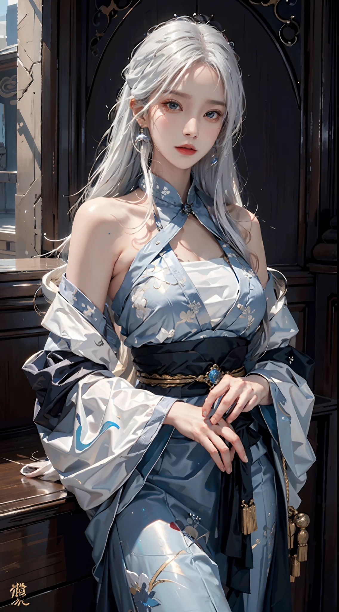 photorealistic, high resolution, soft light,1women, solo, hips up, shining skin, (detailed face), jewelry, tattoo, blue taoist hanfu, white hair