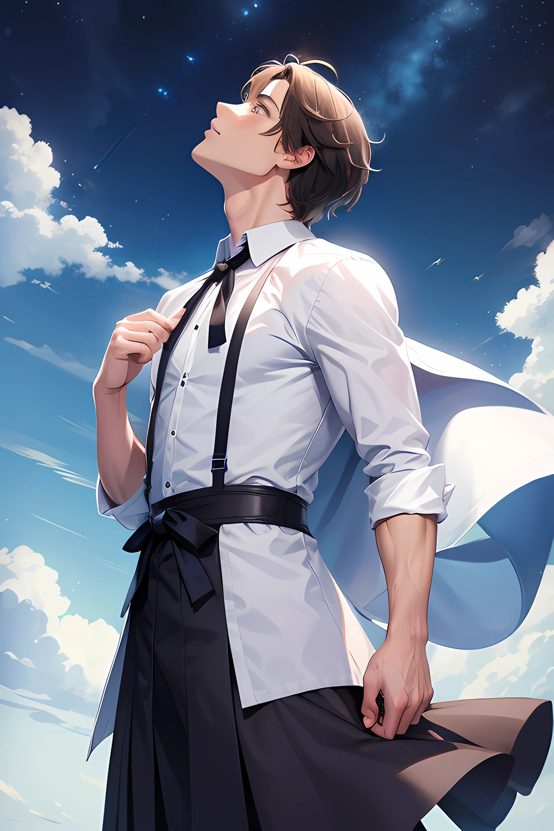 Religious fanatical man looking up at the sky in wonder, bonito, handsome, estilo anime, vestido de preto