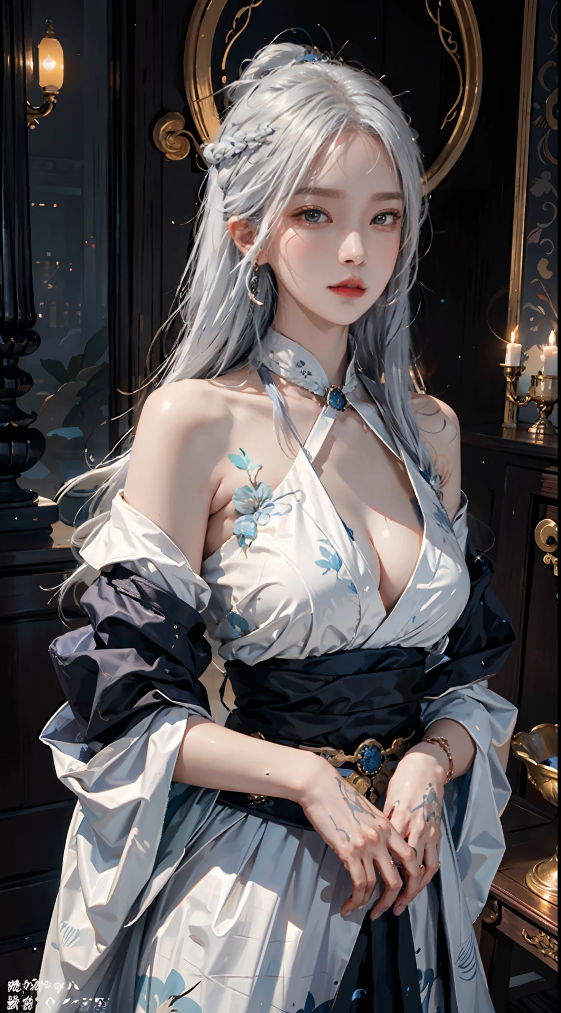 photorealistic, high resolution, soft light,1women, solo, hips up, shining skin, (detailed face), jewelry, tattoo, blue taoist hanfu, white hair