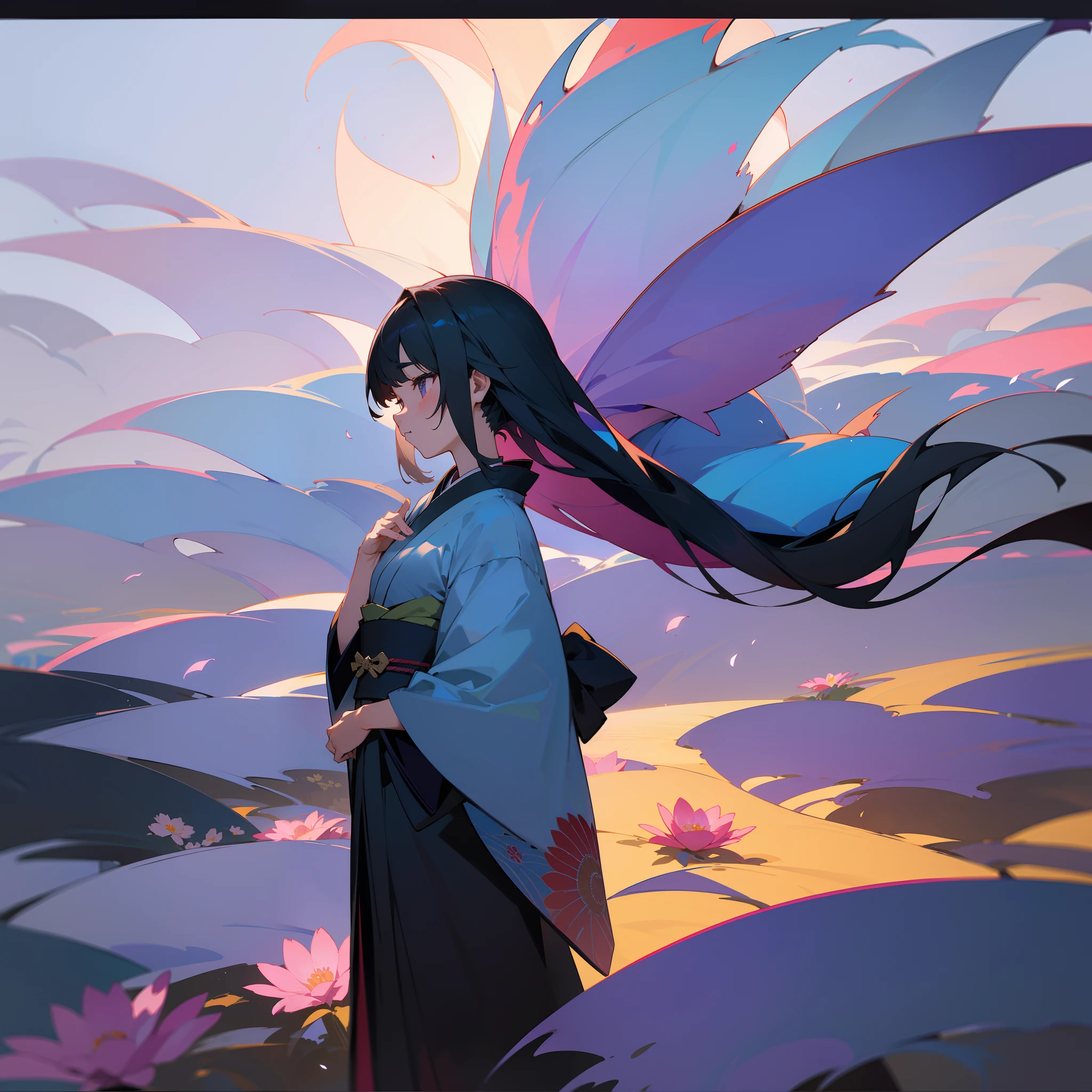 The World of Japanese Styles、In the darkness、Flowers bloom profusely。Woman in kimono standing。In the moonlight、Her presence is、Feels like a middle ground between dream and reality。The pattern of her outfit and the color of the flowers are in perfect harmony.、Forming one amazing landscape。Time seems to have stopped、shush、however, It was a space where you could feel the power of life..。The boundary between dream and reality becomes blurred、In its beauty、We experience fleeting eternity。Top image quality、Landscape painting、colourfull