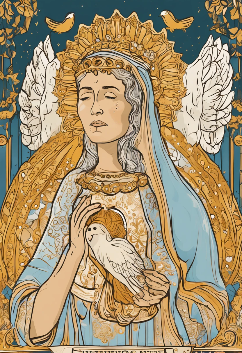 nossa senhora de fatima、He wears a gold crown on his head,flying in sky、Mulher alafed , Asas angelicais nas costas, anjo bonito, um anjo feminino bonito, , de anjo lindo, , Jovem Anjo Wan, menina do anjo, de uma menina anjo bonita, master part, menina do cavaleiro do anjo.