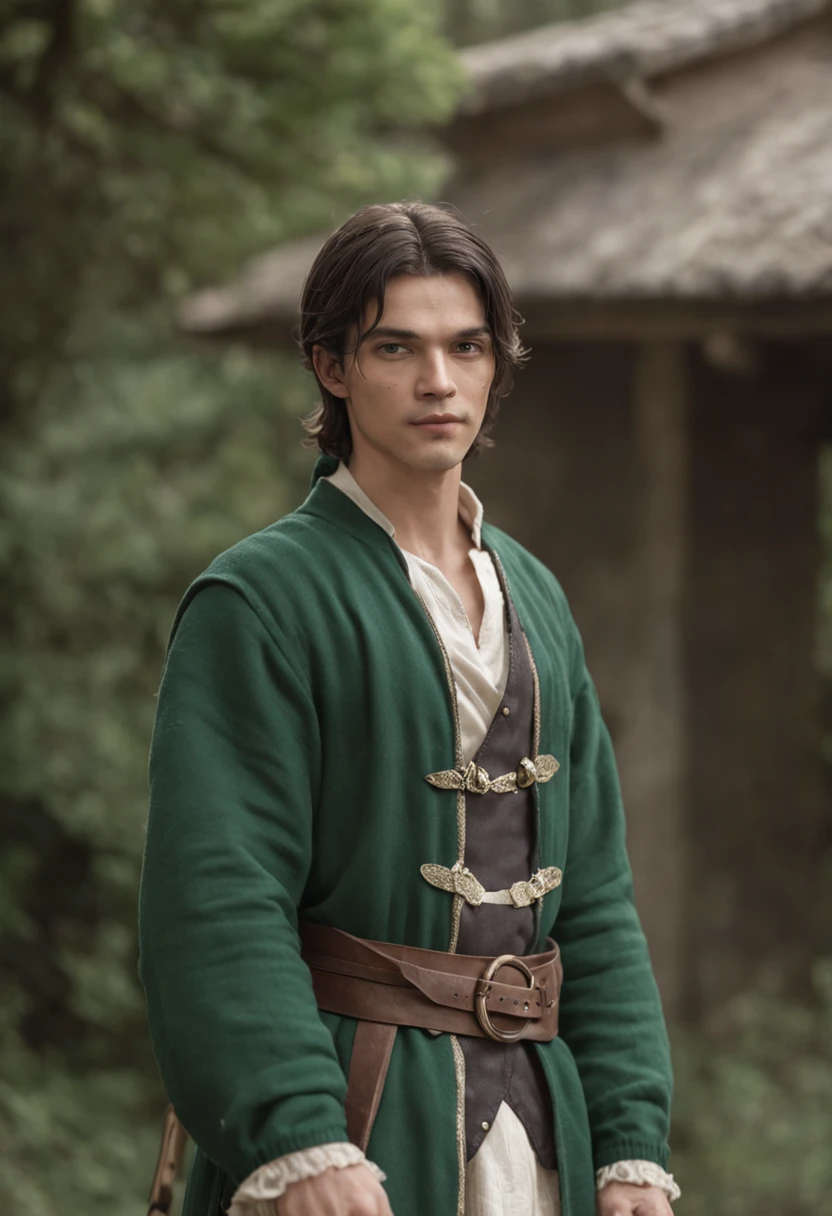 Anime,2d, cabelo verde, Adulto, 25 anos, roupas brancas, comerciante, fazendeiro, medieval , sorrindo, homem, melhor qualidade, obra prima, 8k, 32k, fundo vilarejo