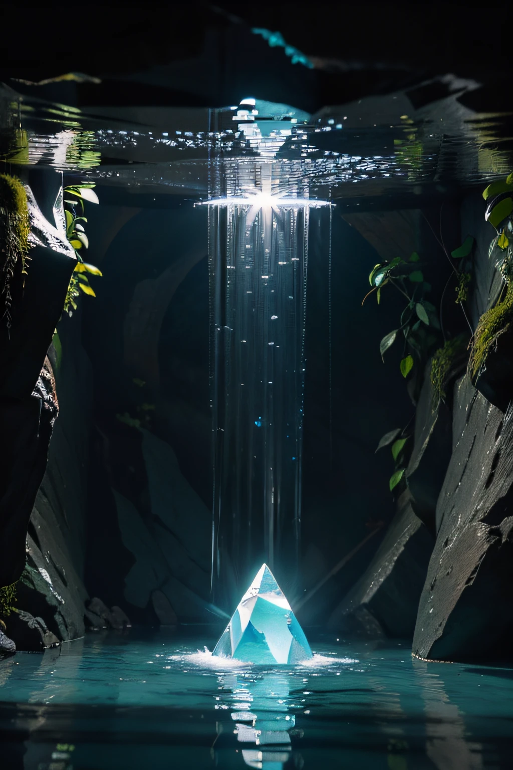 Underground crystal, cool reflective light, cyan river, small waterfall