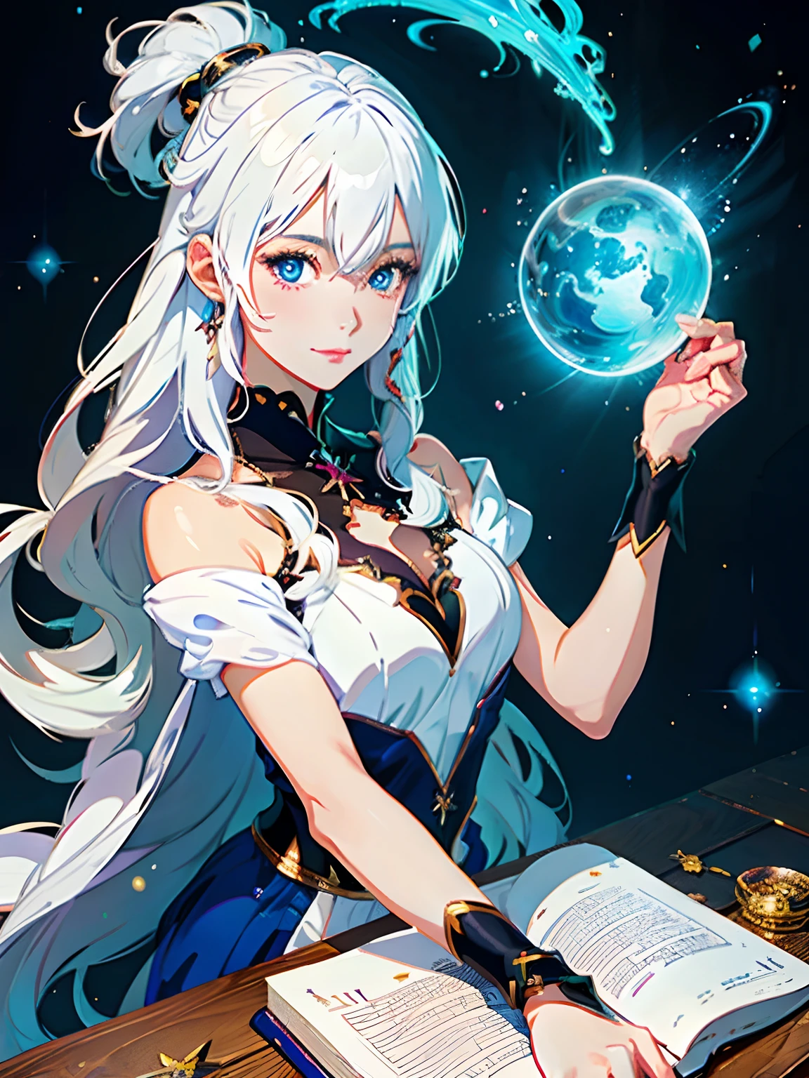 Anime girl with white hair and blue eyes holding a book, beautiful celestial mage, flirty anime witch casting magic, Seductive Anime Girl, artbook artwork, beautiful sorceress, beautiful alluring anime woman, Very detailed ArtGerm, rossdraws cartoon vibrant, beautiful sorceress, digital anime illustration, rossdraws 2. 5, digital art on pixiv