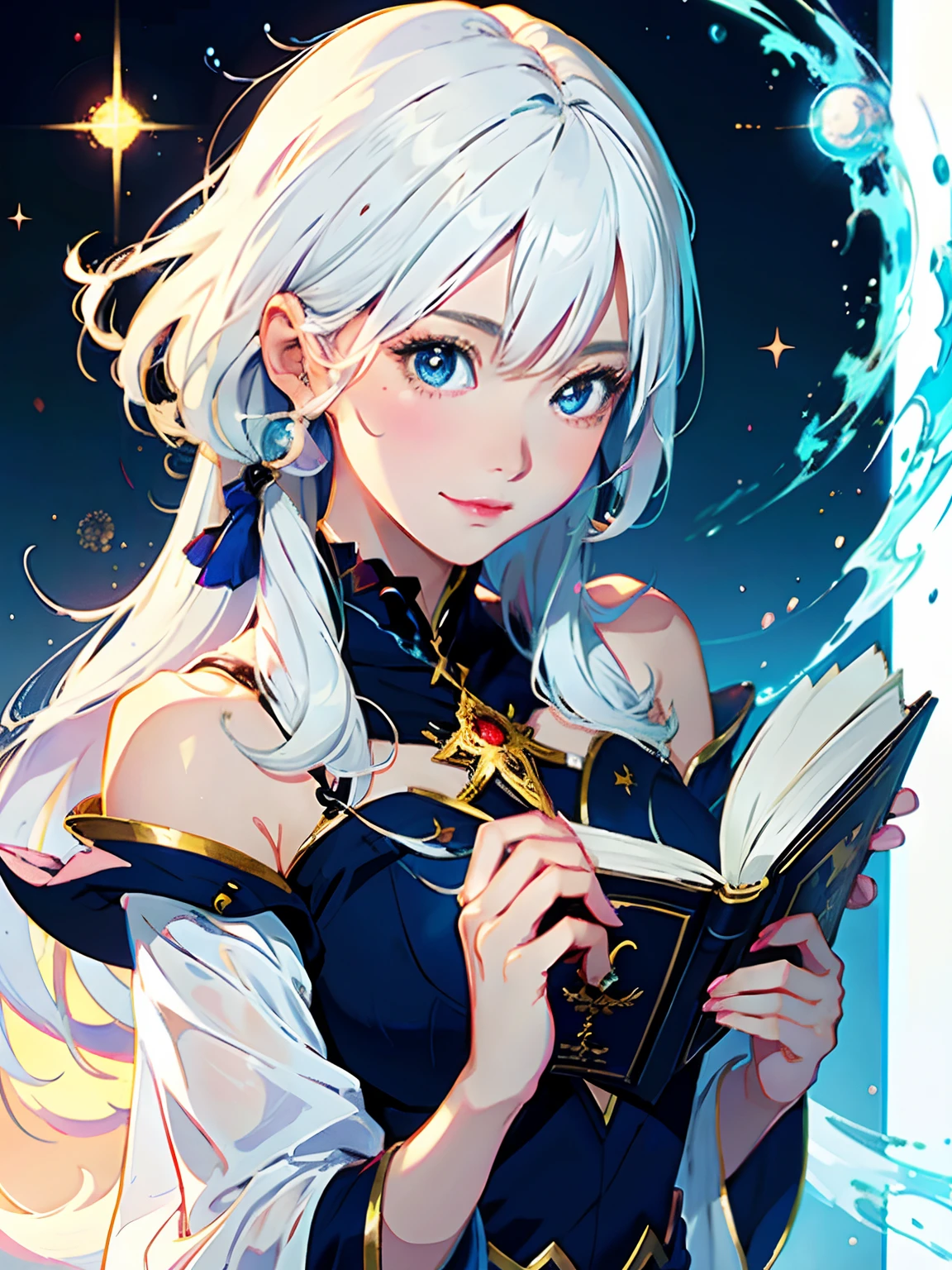 Anime girl with white hair and blue eyes holding a book, beautiful celestial mage, flirty anime witch casting magic, Seductive Anime Girl, artbook artwork, beautiful sorceress, beautiful alluring anime woman, Very detailed ArtGerm, rossdraws cartoon vibrant, beautiful sorceress, digital anime illustration, rossdraws 2. 5, digital art on pixiv