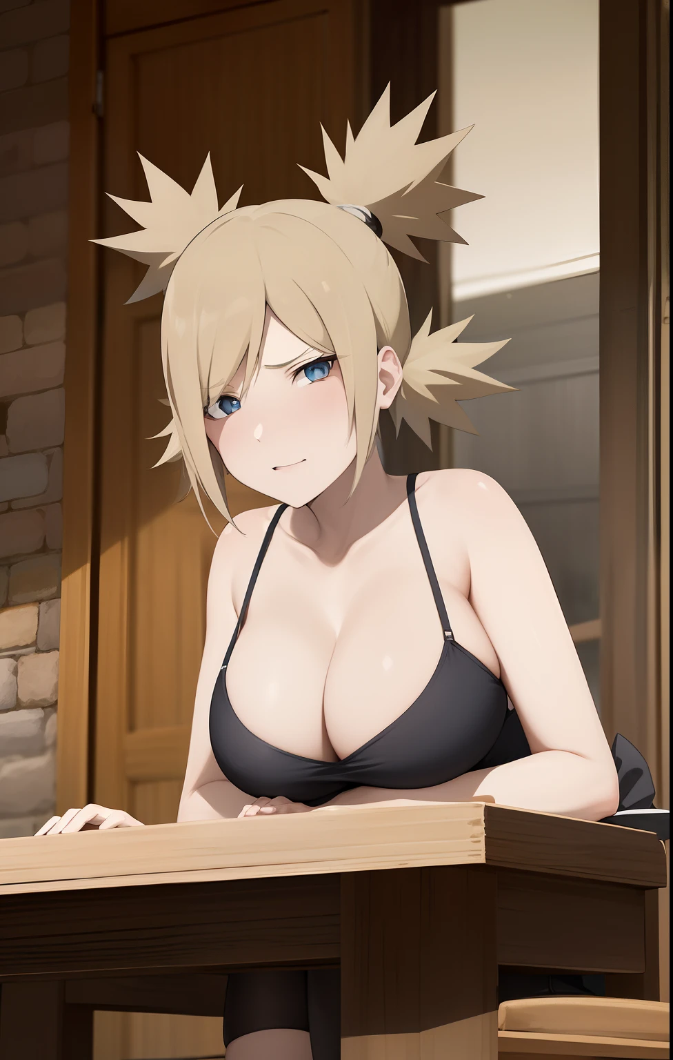Meisterwerk, absurdres , (Komplizierte Details), (bunt),Filmische Beleuchtung,bust shot,extrem detailliertes CG Unity 8k Wallpaper,Lehrplan\(Boruto\), 1girls, mid large breasts, reifes Weibchen,geschlossene Augen,  Schreibtisch, schlafend, Hand auf dem eigenen Gesicht, Armstütze,  upper body,white tank top,schwarze cargo hose,  Spaltung,  drinnen, Fenster, Sonnenlicht, ,