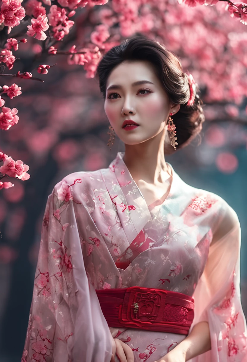 full bodyesbian,Seductive body lines,4k,Snow day plum blossom background,brunette color hair,Place your hands on your chest,on cheongsam,Hooking eyes,
