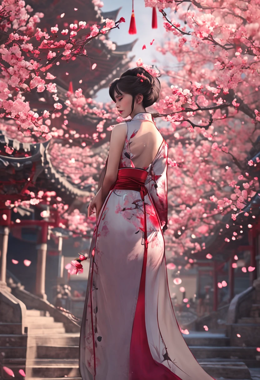 full bodyesbian，Seductive body lines，4k，Snow day plum blossom background，brunette color hair，Place your hands on your chest，on cheongsam，Hooking eyes，