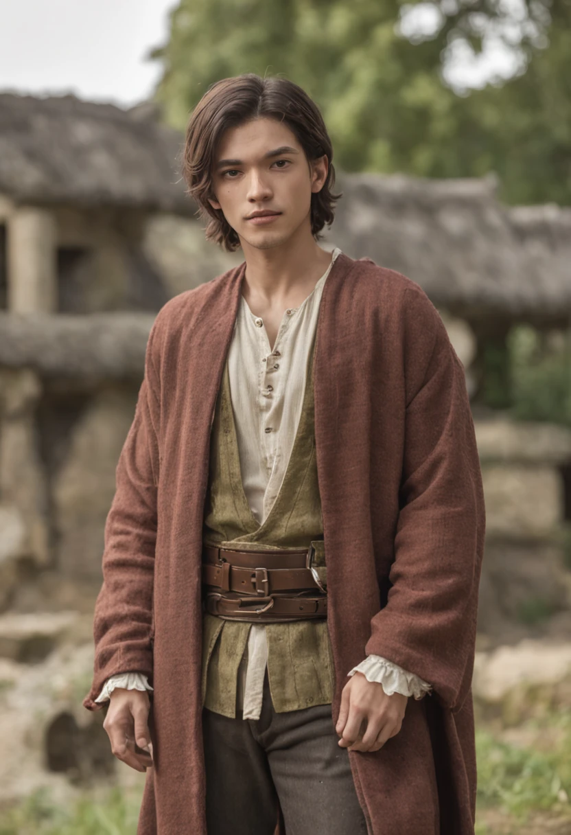 Anime,2d, cabelo verde, Adulto, 25 anos, roupas brancas, comerciante, fazendeiro, medieval , sorrindo, homem, melhor qualidade, obra prima, 8k, 32k, fundo vilarejo