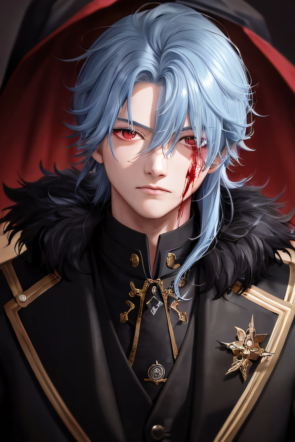 medical doctor, (Genshin Impact), 1boy, black pointed mask, light-blue hair, fur-trimmed coat, male focus, blood on the clothes, bloods, 独奏, Detailed Face, looking a viewer, red-eyes, potrait, upper-body, Dark, night time, luna, woods, (Masterpiece:1.2, Best Quality)