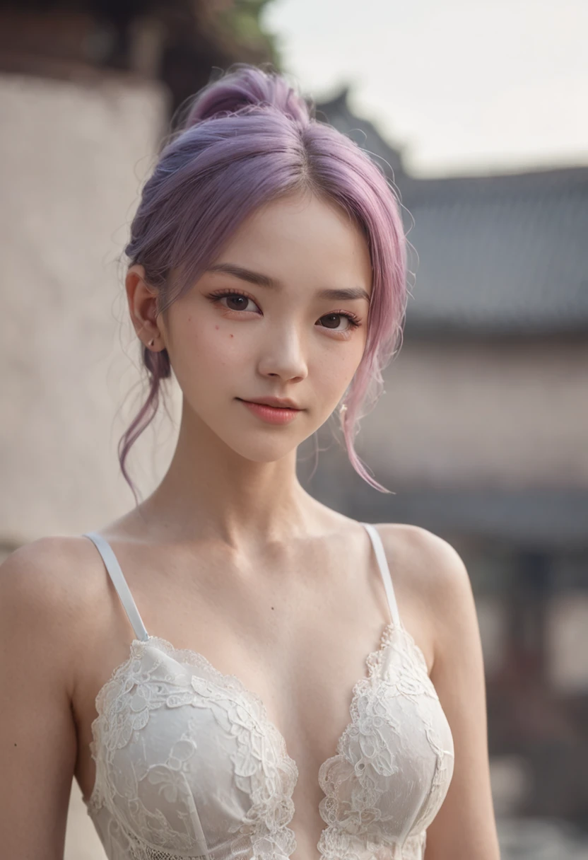 1girll,full bodyesbian,Lace bra,denim pant,grinning smile,exteriors,outside, Old castle,Chinese ancient city,the street,(Short stature 1.5, ), (((Looming pubic hair))), Upper row teeth, (Very lip gloss.), Many eyelashes, Cute eyes, HighestQuali, Wide light, natural color, (Rainbow hair), (Perfect body 1.3), (Small breasts 1.3), (Round face 1.5), choker necklace, earring, ring, high resolution, (Realisticity:1.4), Original photo,, pony tails, Cinematic lighting,8K,RAW photo,Best quality,Masterpiece,(Realistic,photo-realistic:1.4),Extremely delicate and beautiful girl}, 8K wallpaper, Best quality, Masterpiece,Best quality,offcial art,Undress panties pull