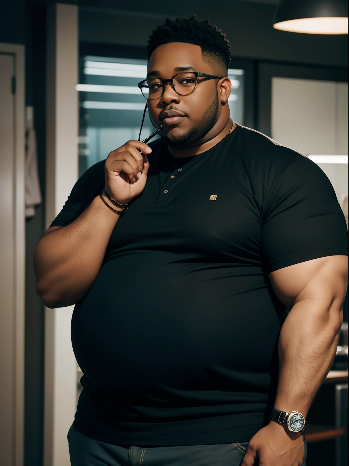 brown skin fat guy stomach hanging out of his stomach at school getting punched by a light skin with short two stand twist with glasses