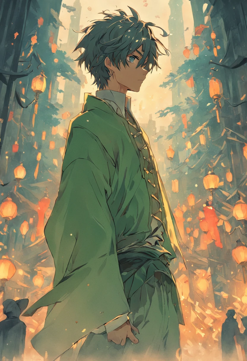 Anime,2d, cabelo verde, Adulto, 25 anos, roupas brancas, comerciante, fazendeiro, medieval , sorrindo, homem, melhor qualidade, obra prima, 8k, 32k, fundo vilarejo