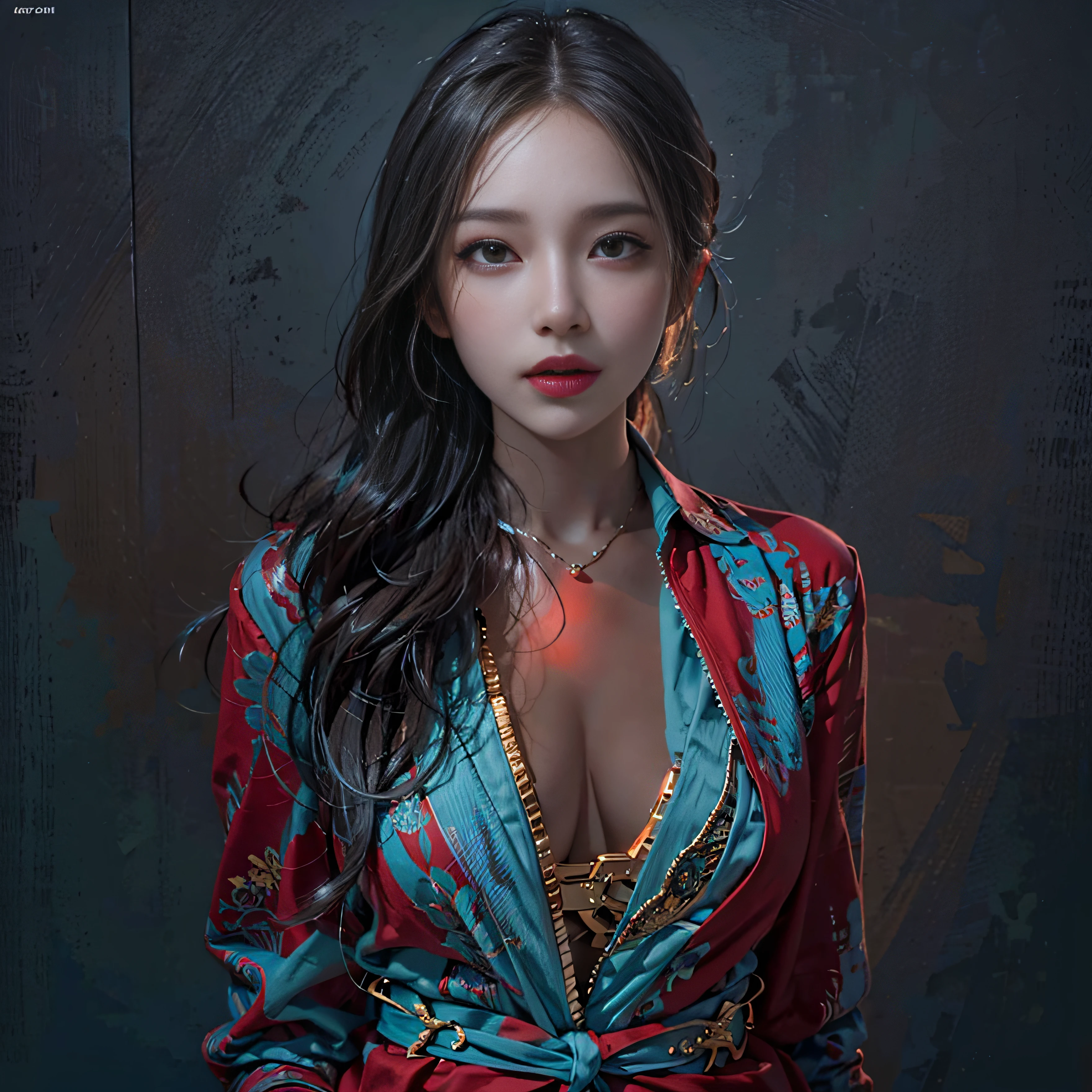 portrait photo ,photorealistic, high resolution, soft light,1women, solo, hips up, (detailed face),a woman with suite, professional shot, red and blue lighting in 2 sides, perfect shot