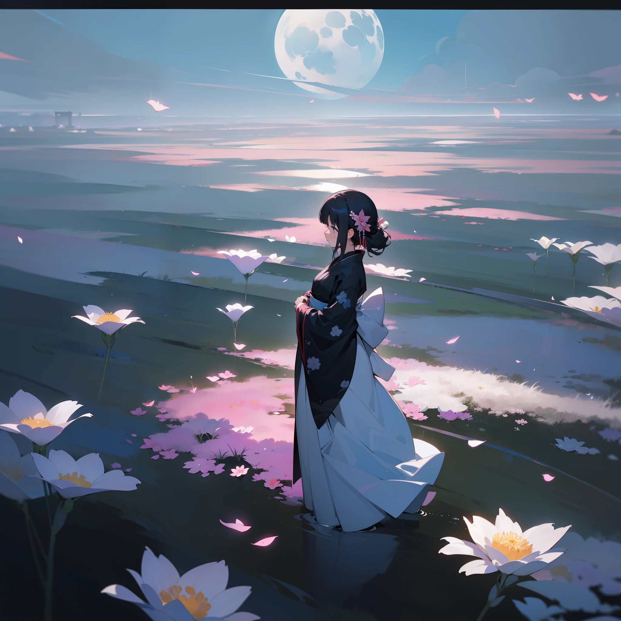 The World of Japanese Styles、In the darkness、Flowers bloom profusely。Woman in kimono standing。In the moonlight、Her presence is、Feels like a middle ground between dream and reality。The pattern of her outfit and the color of the flowers are in perfect harmony.、Forming one amazing landscape。Time seems to have stopped、shush、however, It was a space where you could feel the power of life..。The boundary between dream and reality becomes blurred、In its beauty、We experience fleeting eternity。Top image quality、Landscape painting、colourfull
