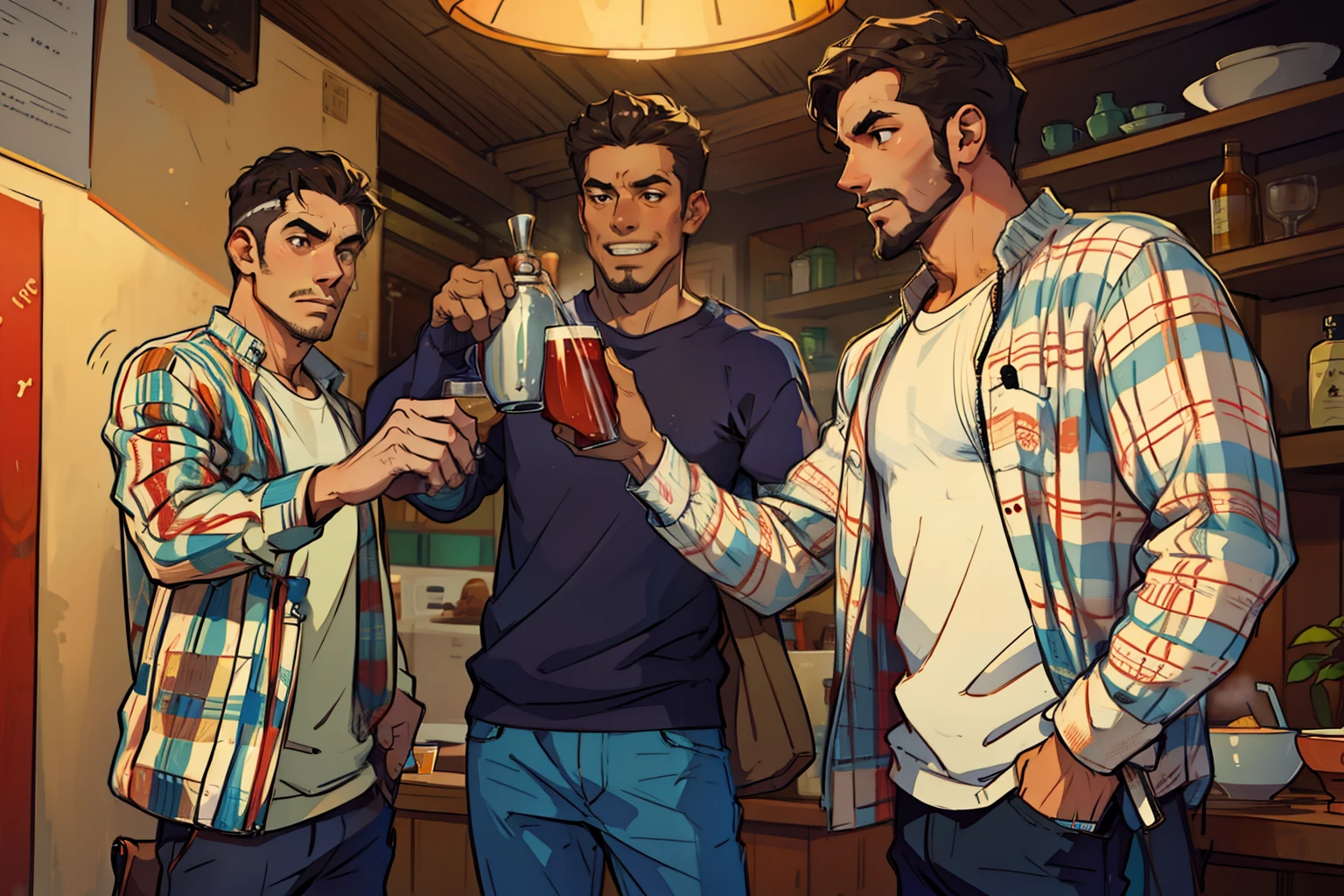 3 homens brindando com caneca de shopp.