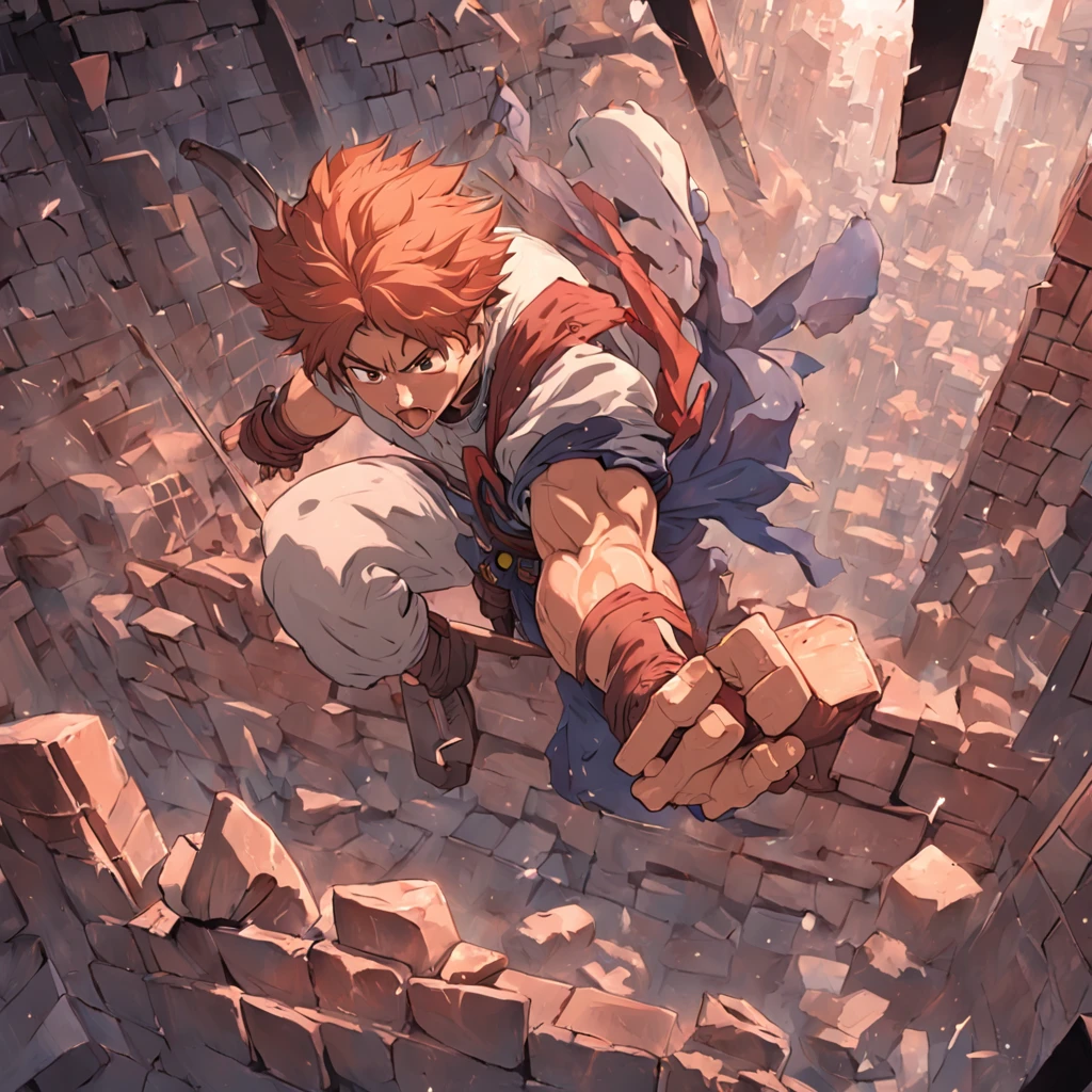 create a logo based on the image for the company "Ferragem la casa Medeiros", which must show a muscular man breaking a brick wall, using a sledgehammer in his hand and one biting a screw, must demonstrate movement, modernity, must be vectorized, black and white, png, transparent background, should contain bricks flying in the air, various tools related to the hardware trade.