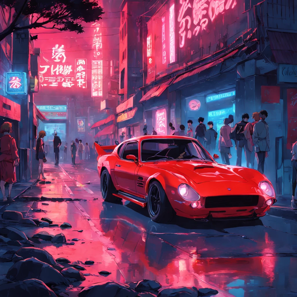 obra-prima, melhor qualidade, filme ainda, a turned car, neon red color