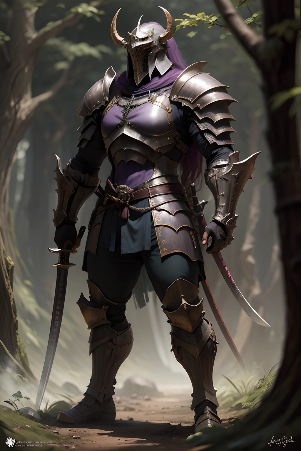 Big purple brutal knight whi a gigant katana