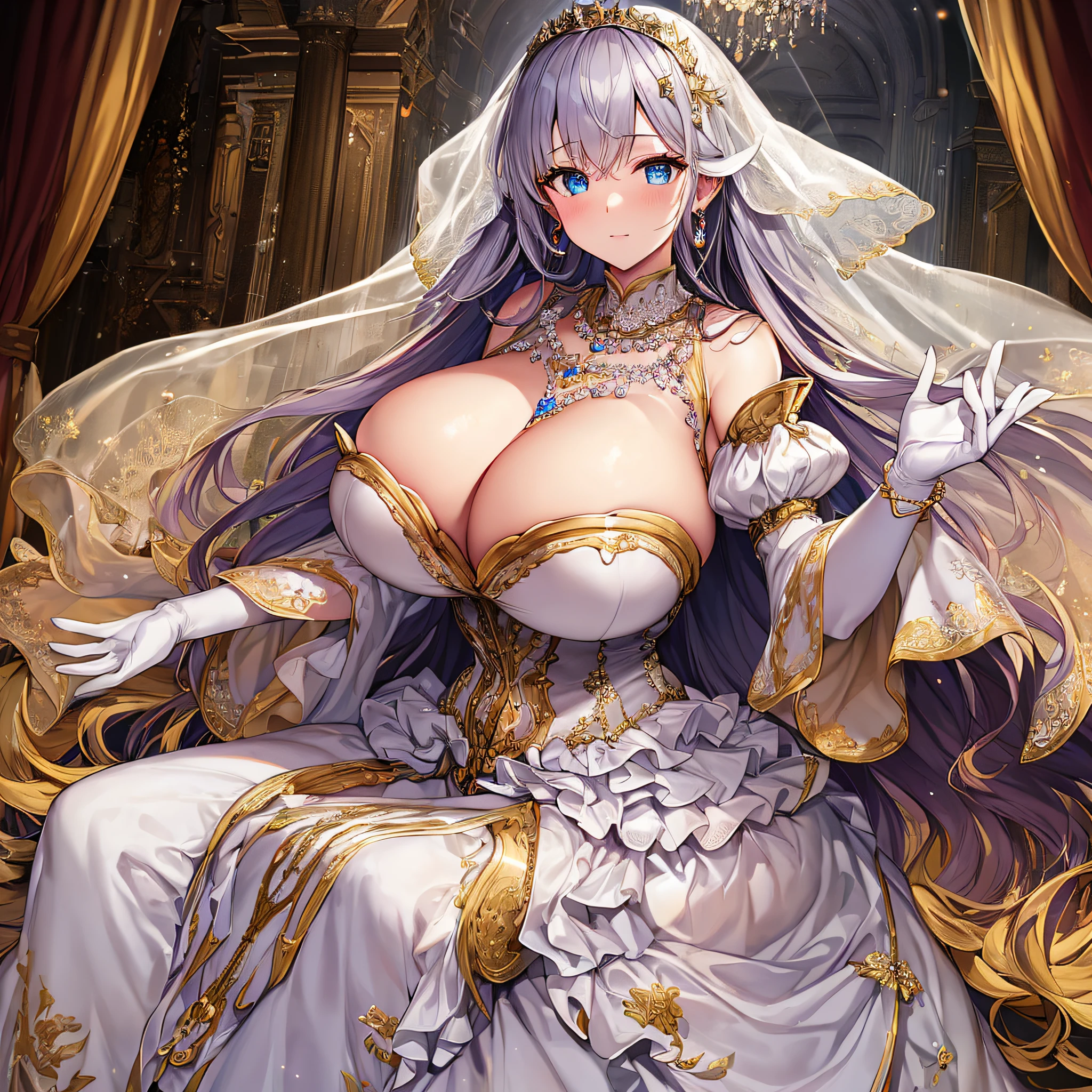 anime artstyle,Best quality, Masterpiece,Solo,full body,1 princess as a royal bride wearing a stately and elaborate royal wedding dress of white satin and tulle adorned with huge ribbon,(gigantic tits,Long tits,skindentation),(rarge amount of straight hair,extremely Long voluminous Hair),lace, frills,gorgeous embroidery and jewels, with enormous puffed sleeves, an hourglass waist and a voluminous crinoline hoopskirt,long train, long white gloves, pearl necklace and earrings,long wedding veil
