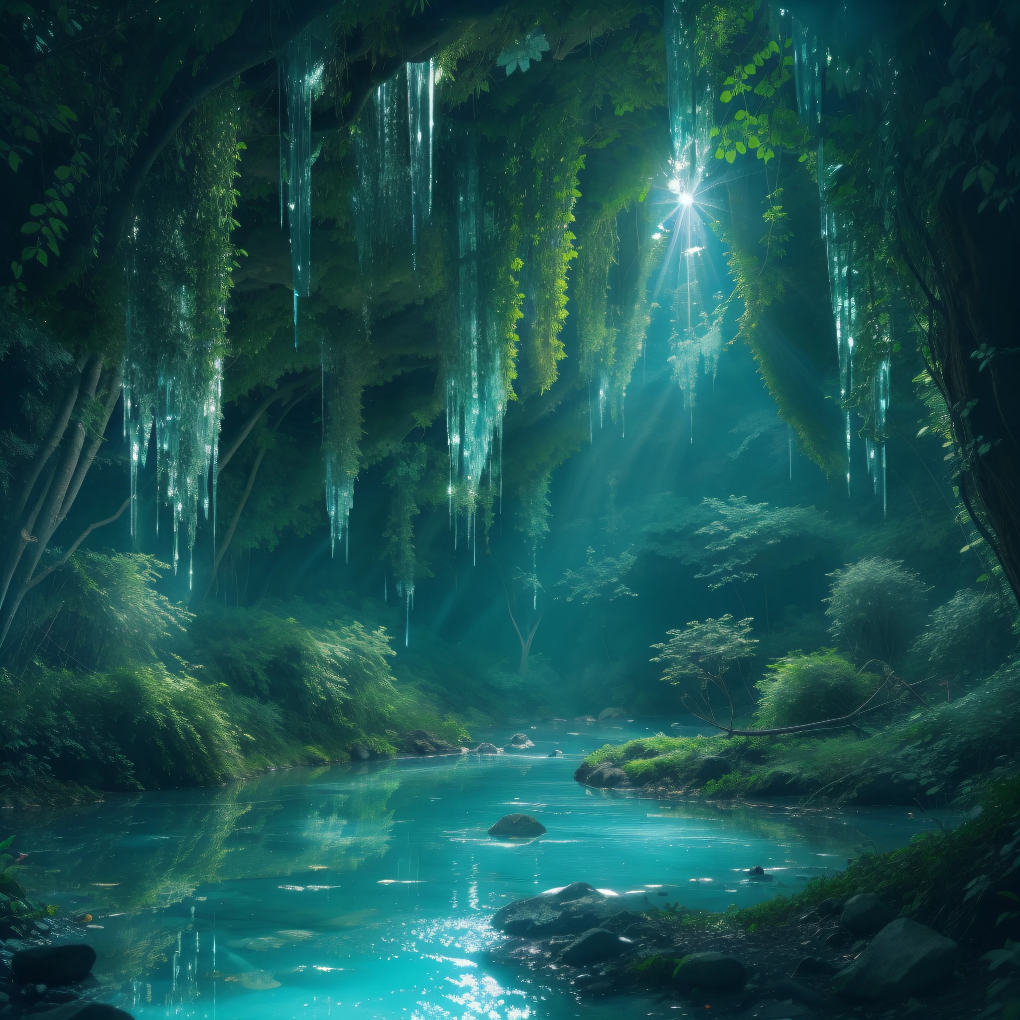 Underground crystal, cool reflected light, cyan river, small waterfall, vines surrounding, distant light beads