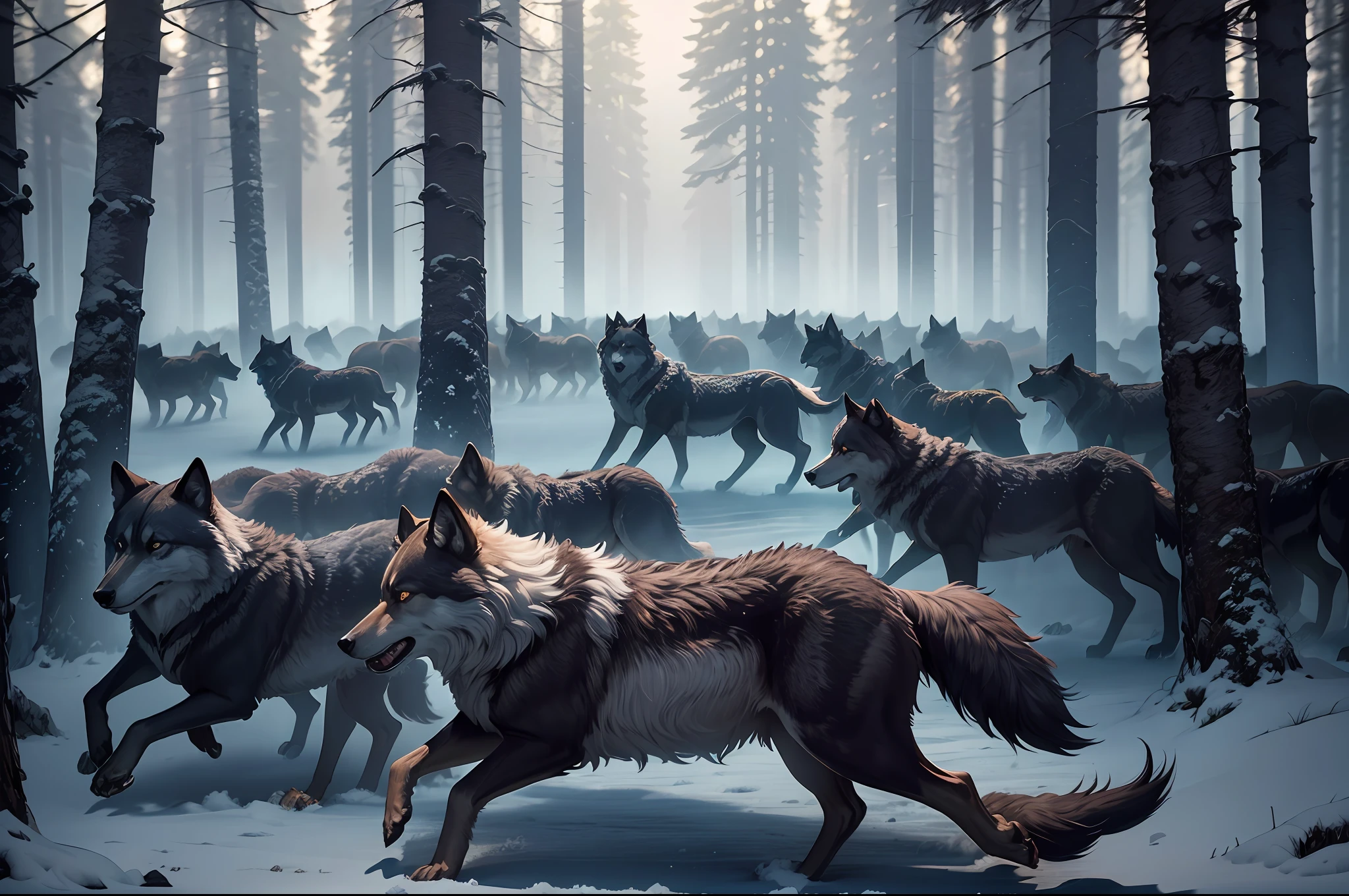 Generate an ultra-realistic, photographic image in 8k resolution portraying a pack of wolves hunting as a coordinated group within the secretive depths of a dark and dense forest. The scene should be meticulously detailed, capturing the wolves amidst the trees, exuding an aura of shadowy gloom