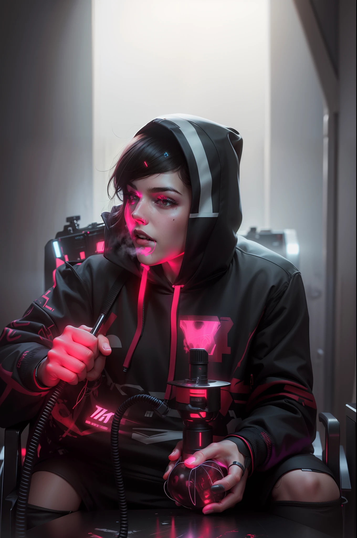 Realistic face, realistic skin, realistic pitch black hoodie with neon red line, cyberpunk background