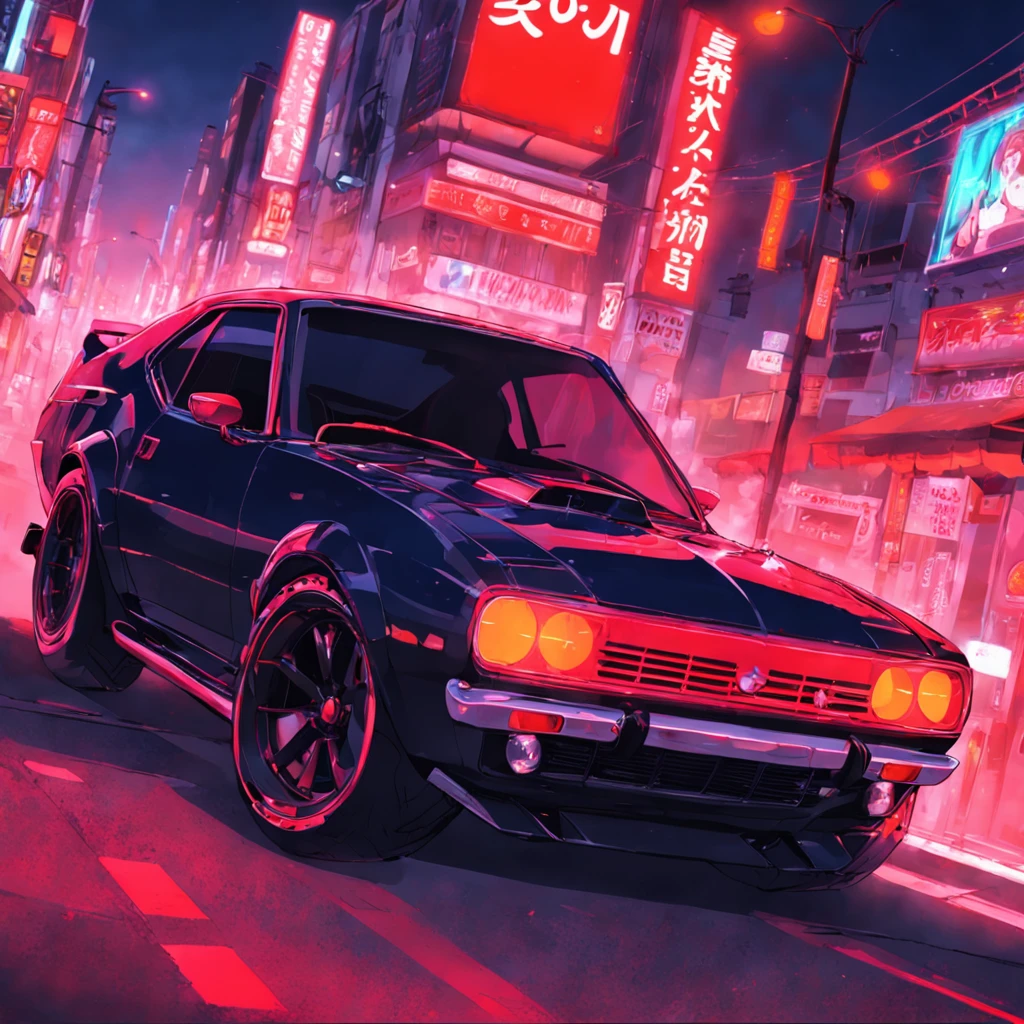 obra-prima, melhor qualidade, filme ainda, a turned car, neon red color, andando pela estrada