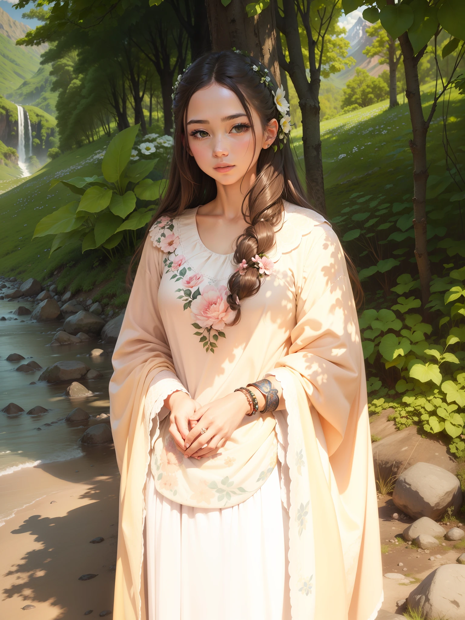 Flower in hair, mountain background,