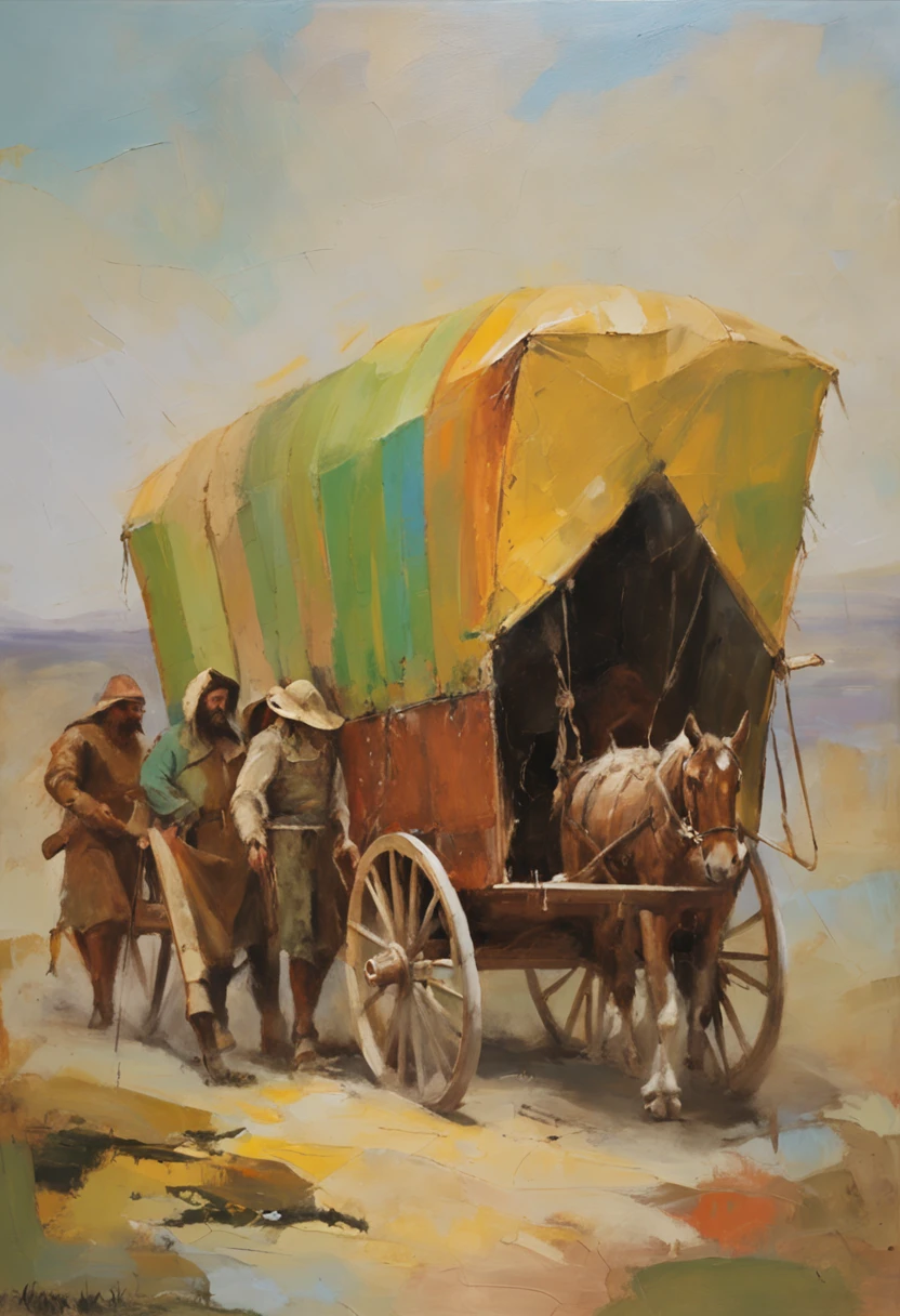A covered medieval wagon, Adventurers around the wagon, people standing around the wagon, men standing,