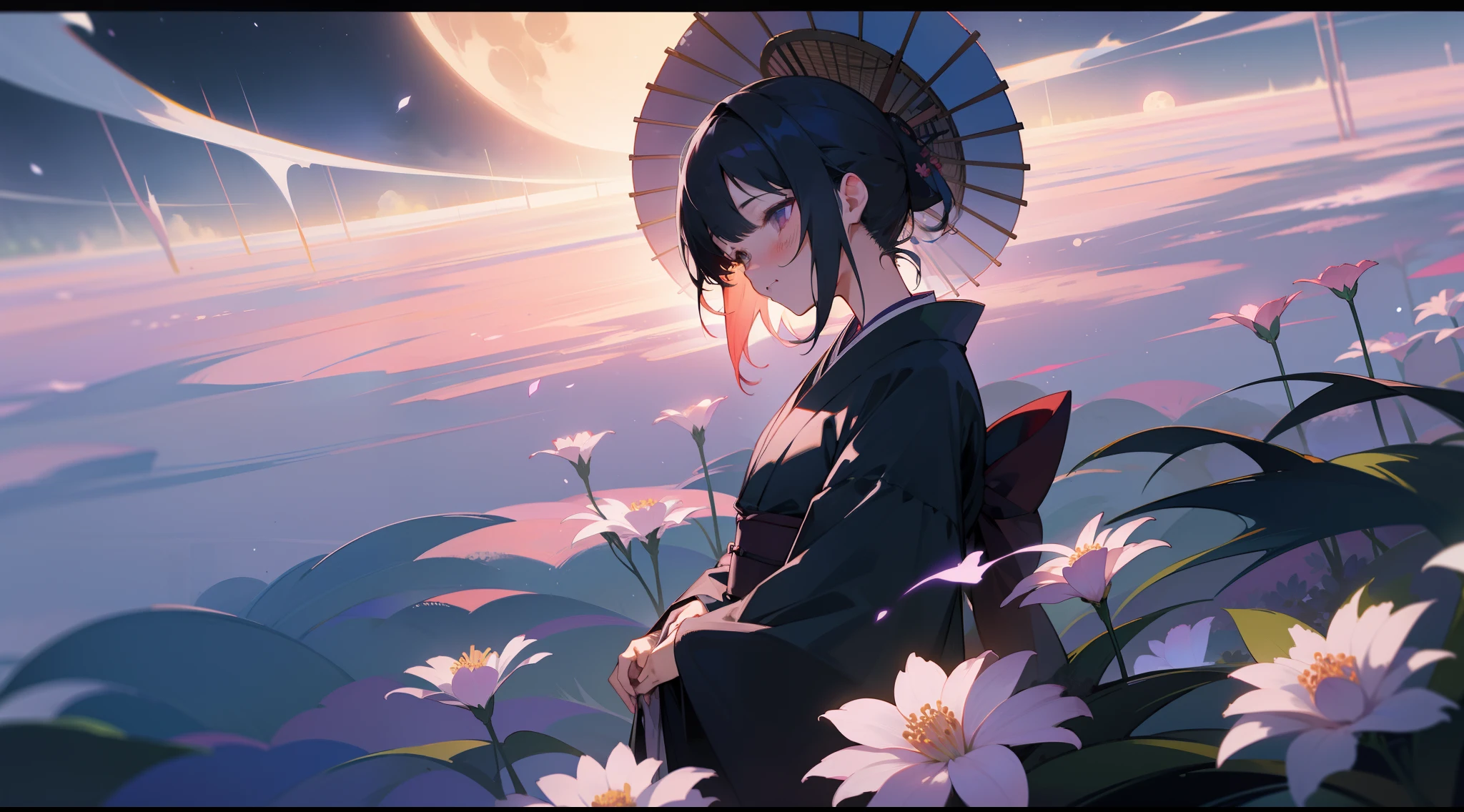 The world of Japan、In the darkness、Flowers bloom profusely。Woman in kimono standing。In the moonlight、Her presence is、Feels like a middle ground between dream and reality。The pattern of her outfit and the color of the flowers are in perfect harmony.、Forming one amazing landscape。Time seems to have stopped、shush、however, It was a space where you could feel the power of life..。The boundary between dream and reality becomes blurred、In its beauty、We experience fleeting eternity。Top image quality、Landscape painting、colourfull