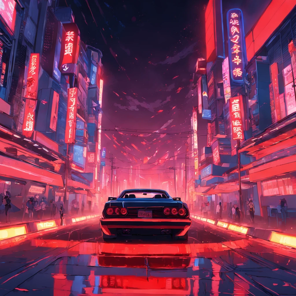 obra-prima, melhor qualidade, filme ainda, a turned car, neon red color, andando pela estrada