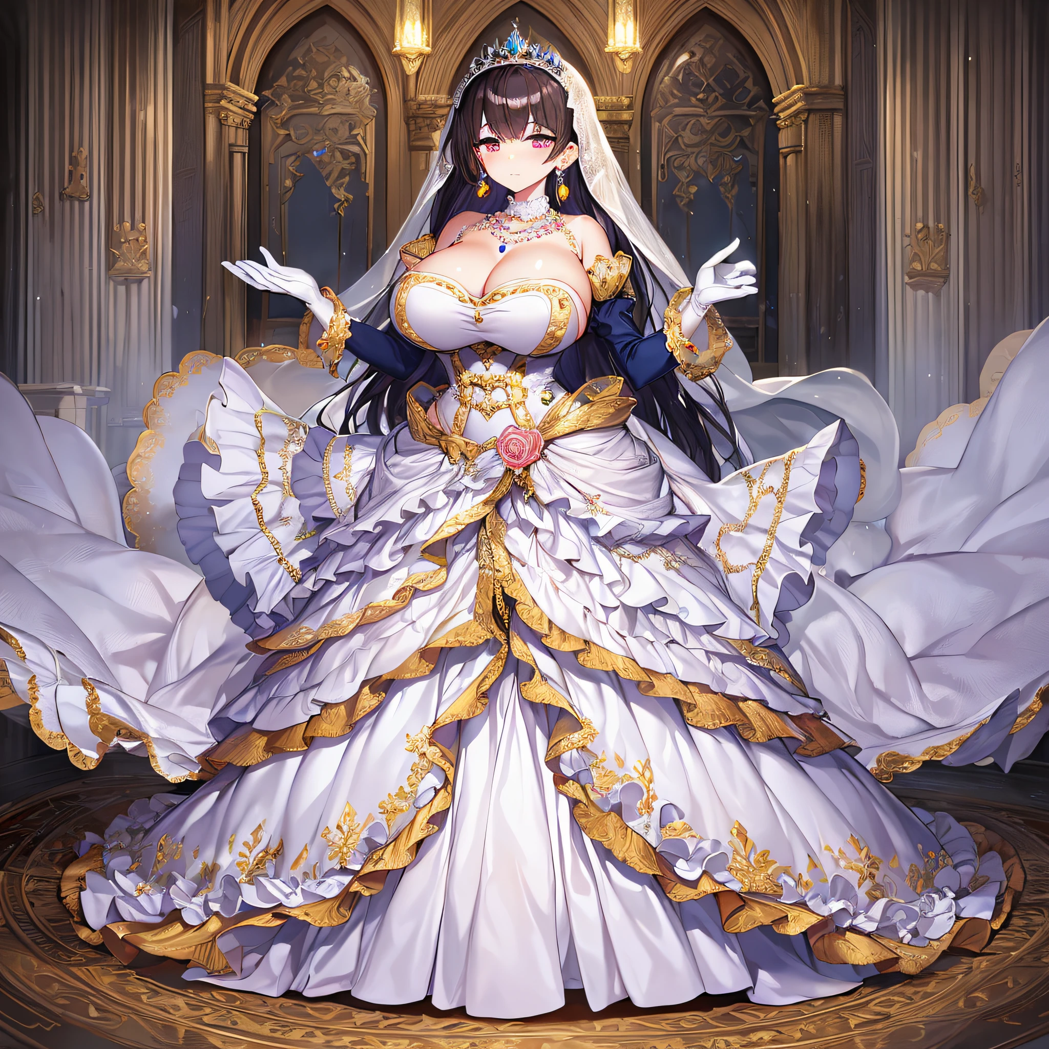 anime artstyle,Best quality, Masterpiece,Solo,full body,1 princess as a royal bride wearing a stately and elaborate royal wedding dress of white satin and tulle adorned with huge ribbon,(gigantic tits,Long tits,skindentation),(rarge amount of straight hair,extremely Long voluminous Hair),lace, frills,gorgeous embroidery and jewels, with enormous puffed sleeves, an hourglass waist and a voluminous crinoline hoopskirt,long train, long white gloves, pearl necklace and earrings,long wedding veil