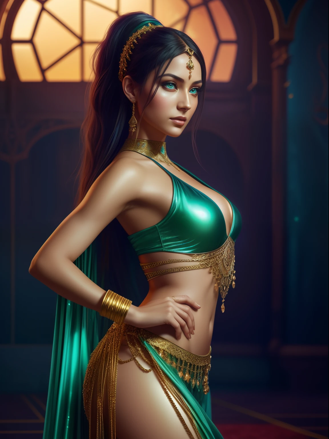 Belly-Dancer with golden glow dancing in a aquamarine oriental tent and wearing a green long dress and a red blouse , rainbow-colored sky, crystal ocean, sea life,golden hour, no hands, focus on the hip, focus on eyes, eyes open, blue eyes , cyberpunk, full focus, the face and focus on the eyes and the nose and the closed mouth , ultra detailed artistic photography, midnight aura, night sky, detailed gorgeous face, dreamy, glowing, backlit, glamour, glimmer, shadows, oil on canvas, brush strokes, smooth, ultra high definition, 8k, unreal engine 5, ultra sharp focus,, artgerm, loish, sf, intricate artwork masterpiece, ominous, matte painting movie poster, golden ratio, trending on cgsociety, intricate, epic, trending on artstation, by artgerm, h. r. giger and beksinski, highly detailed, vibrant, production cinematic character render, ultra high quality model