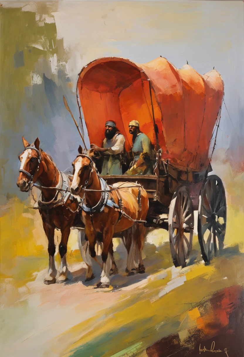A covered medieval wagon, Adventurers around the wagon, people standing around the wagon, men standing,